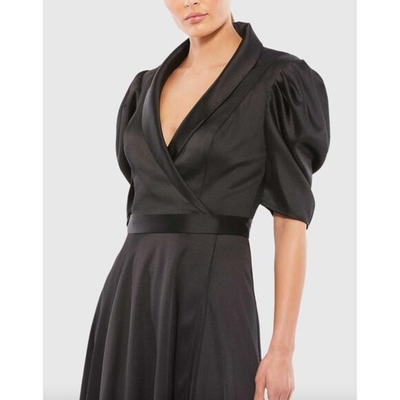 MAC DUGGAL Dress Size 4 Evening Gown Black Satin NEW Lapel Puff Sleeve Midi - Picture 8 of 8